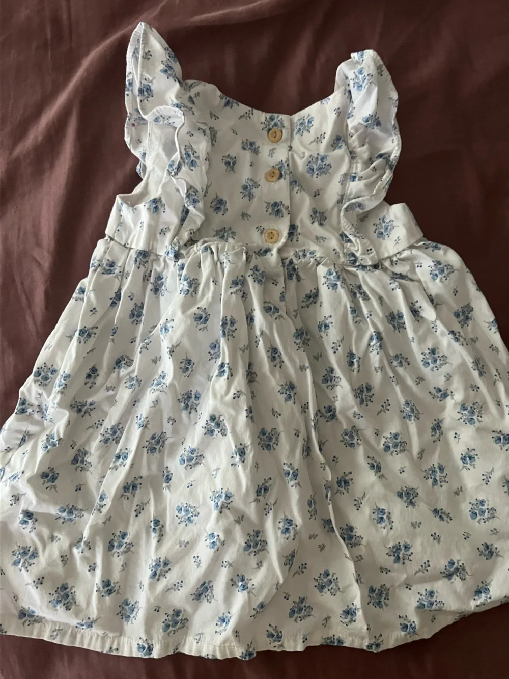 H&M White Dress with Blue Floral Print and Ruffle Sleeves